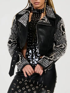 womens black punk embellised motorcycle jacket...