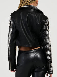womens black punk embellised motorcycle jacket...