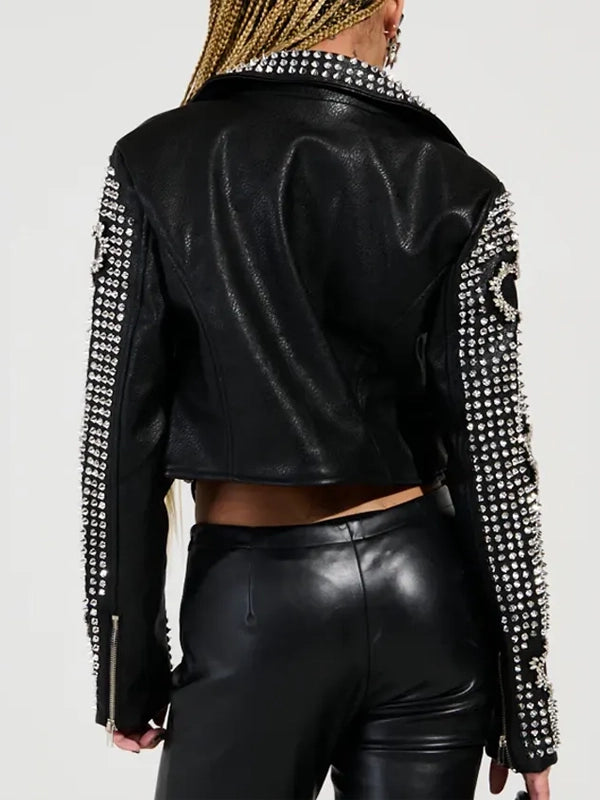 womens black punk embellised motorcycle jacket.