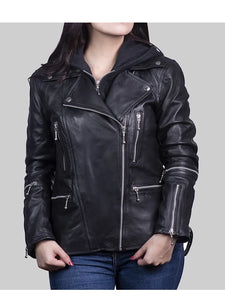 womens black slim-fit leather motorcycle jacket
