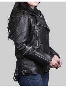 womens black slim fit leather motor cycle jacket.