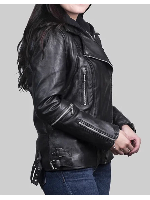 womens black slim fit leather motor cycle jacket.