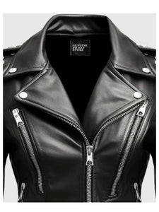 womens black studded leather jacket..