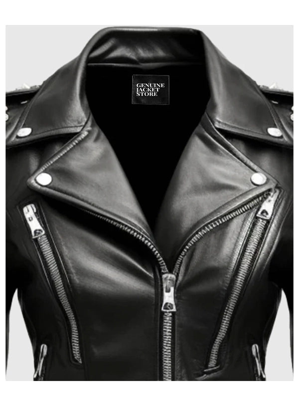 womens black studded leather jacket..
