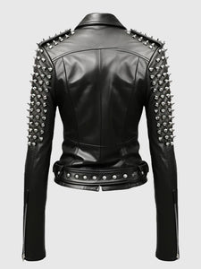 womens black studded leather jacket.