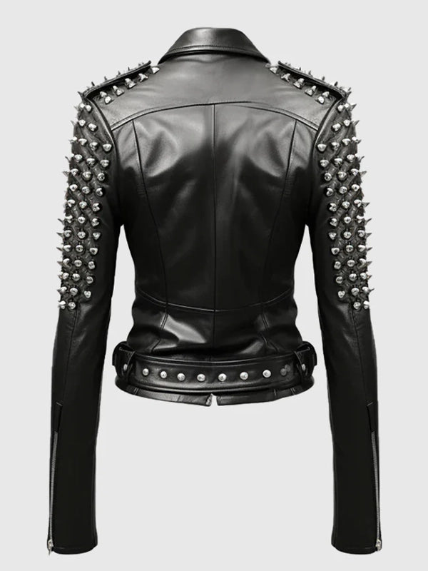 womens black studded leather jacket.