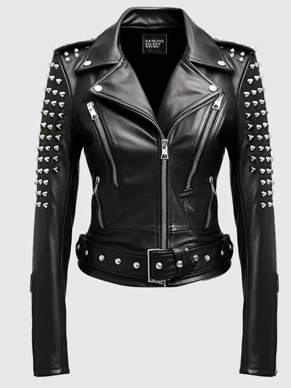 womens black studded leather jacket