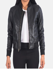 womens fancy leather black bomber jacket