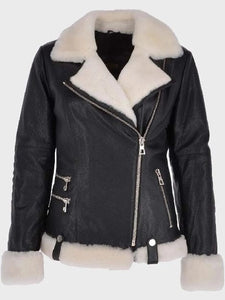 womens motorcycle black shearling leather jacket