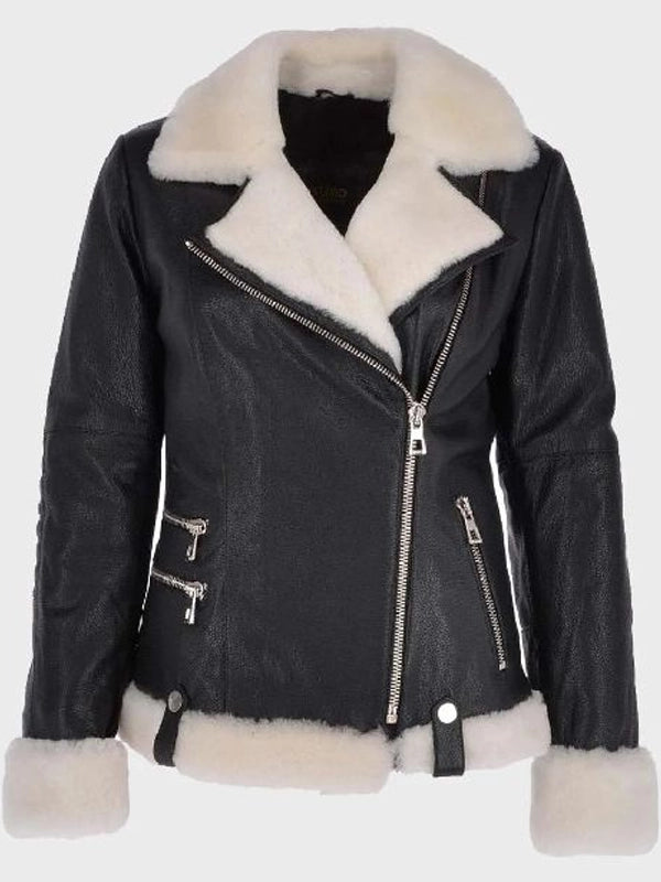womens motorcycle black shearling leather jacket
