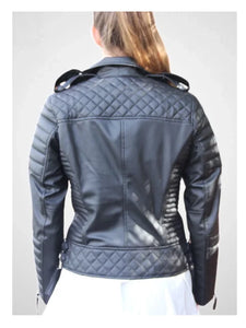 Womens Slim Fit Diamond Quilted Leather Biker Jacket Black