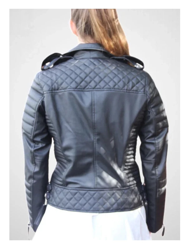 womens slim fit diamond quilted leather biker jacket black...
