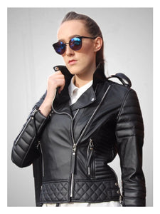 womens slim fit diamond quilted leather biker jacket black