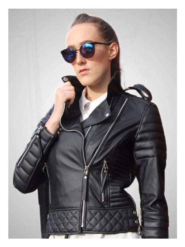 womens slim fit diamond quilted leather biker jacket black