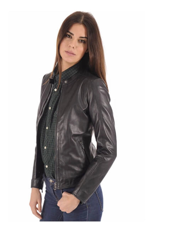 womens slim fit sheep skin leather biker jacket black