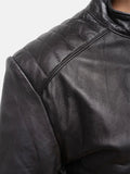 womens snap tab collar black leather jacket...