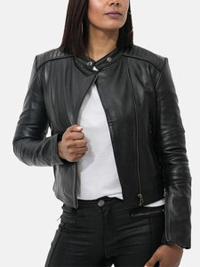 womens snap tab collar black leather jacket..