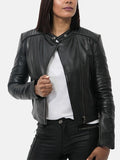 womens snap tab collar black leather jacket..