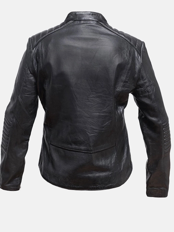 womens snap tab collar black leather jacket.