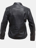 womens snap tab collar black leather jacket.