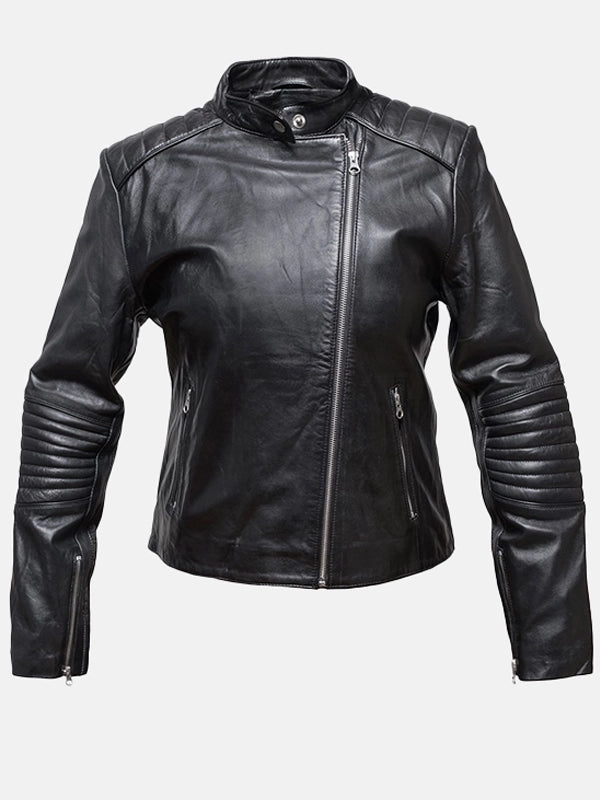womens snap tab collar black leather jacket