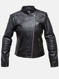 womens snap tab collar black leather jacket