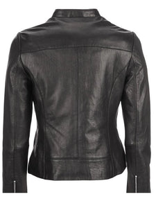 womens zipper pockets black leather jacket.