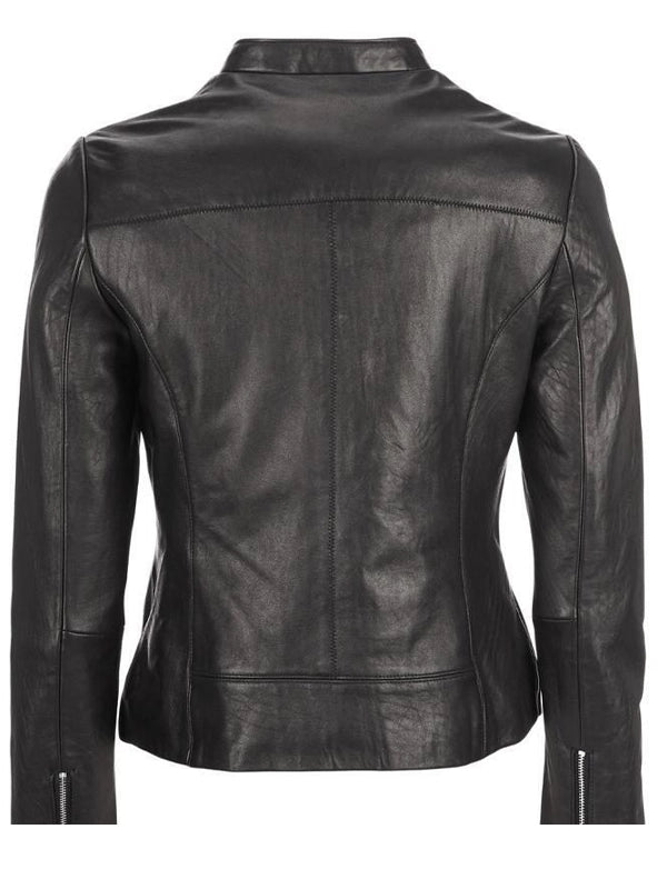 womens zipper pockets black leather jacket.