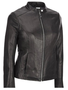 womens zipper pockets black leather jacket
