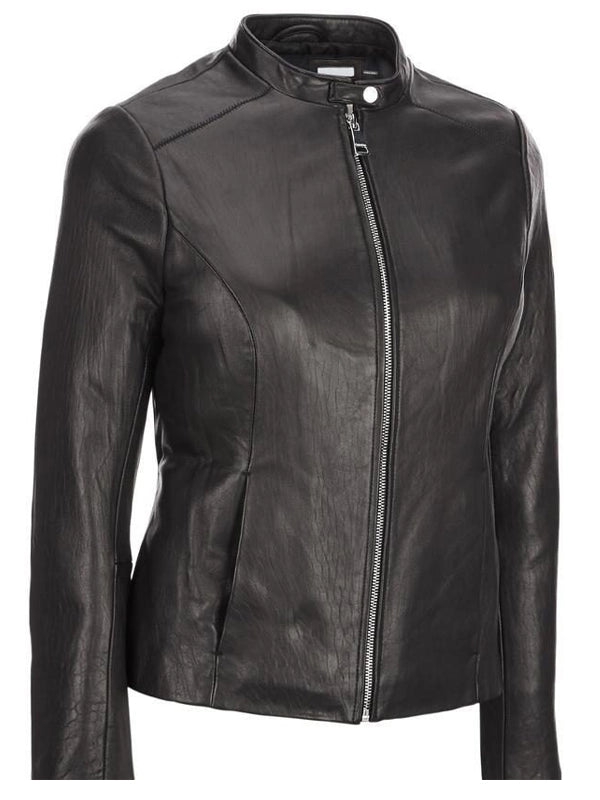 womens zipper pockets black leather jacket
