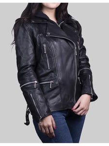 womens black slim fit leather motor cycle jacket.