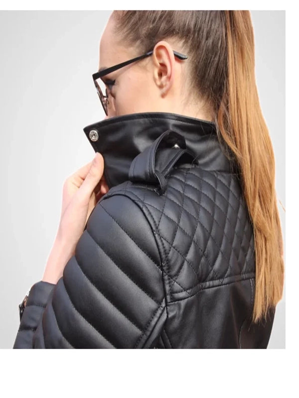 Womens Slim Fit Diamond Quilted Leather Biker Jacket Black