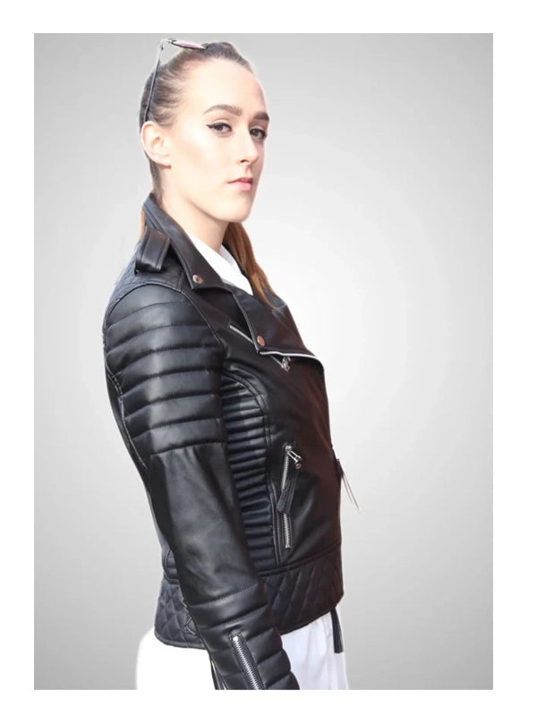 Womens Slim Fit Diamond Quilted Leather Biker Jacket Black