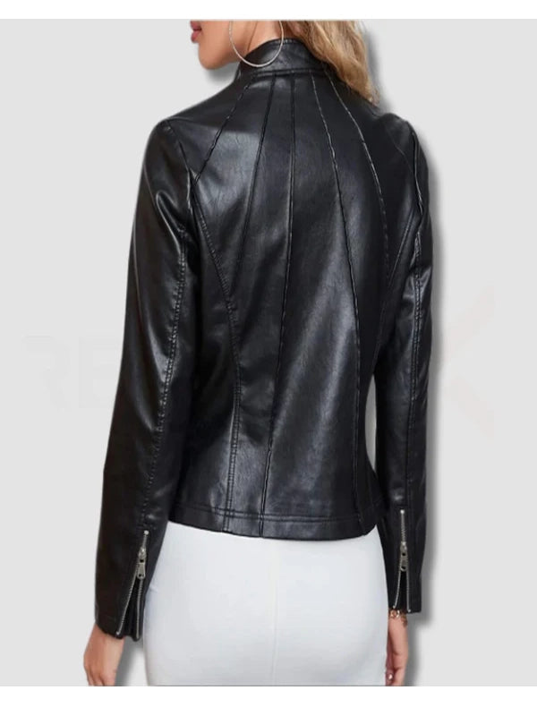 Women V-Style Biker Leather Jacket