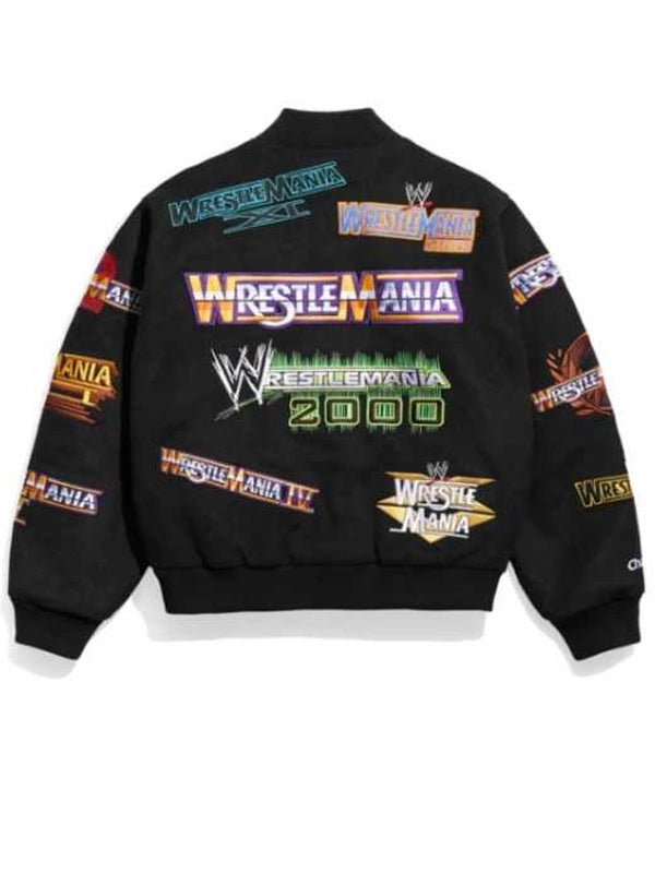 wwe wrestlemania 1 21 black varsity jacket.