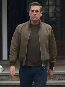 your friends neighbors 2025 jon hamm brown bomber jacket